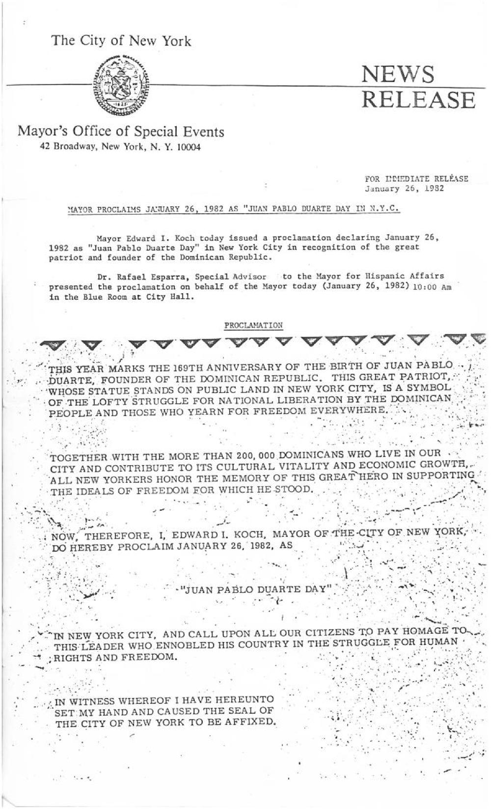 "Juan Pablo Duarte Day" Proclamation, 1982 page 1