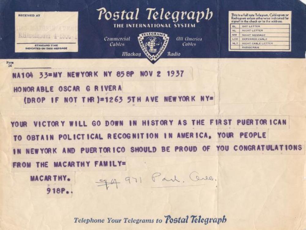 Telegram Congratulating Oscar G. Rivera, 1937 page 1