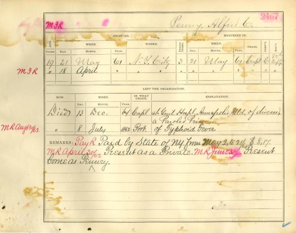 Civil War Muster Roll Abstract for Alfred Penny page 1