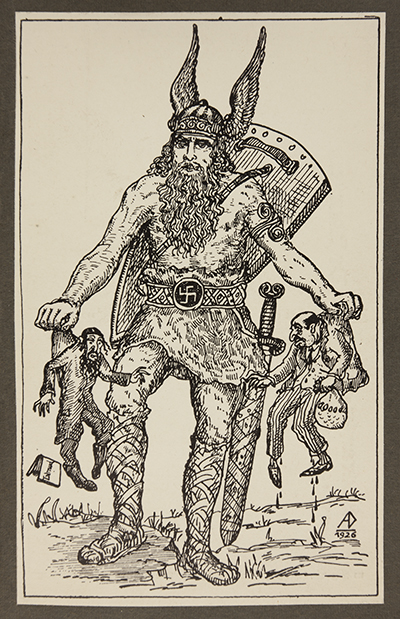 Antisemitic Nazi propaganda of the Germanic god Odin carting off two stereotypically depicted Jewish men, one a banker and the second a rabbi thumbnail page 1