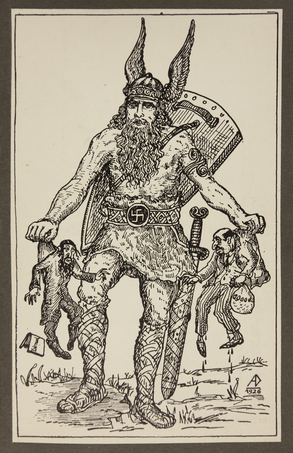 Antisemitic Nazi propaganda of the Germanic god Odin carting off two stereotypically depicted Jewish men, one a banker and the second a rabbi page 1