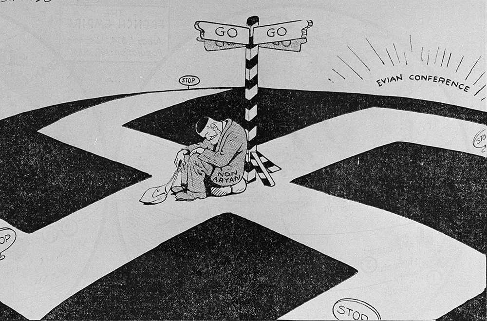 Political cartoon by Sidney 'George' Strube, entitled, "Will the Evian Conference guide him to freedom?" that was published in the Sunday, July 3, 1938 edition of The New York Times. page 1
