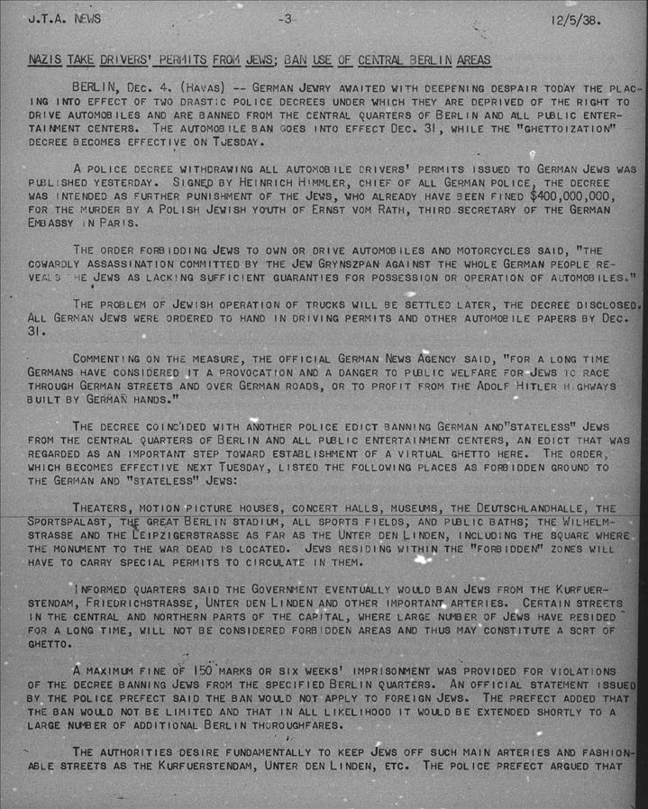 "Nazis Take Drivers' Permits from Jews; Ban Use of Central Berlin Areas"" page 1