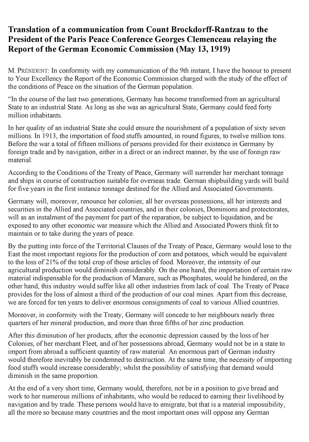 Translation of a communication from Count Brockdorff-Rantzau to the President of the Peace Conference Georges Clemenceau relaying the Report of the German Economic Commission page 1