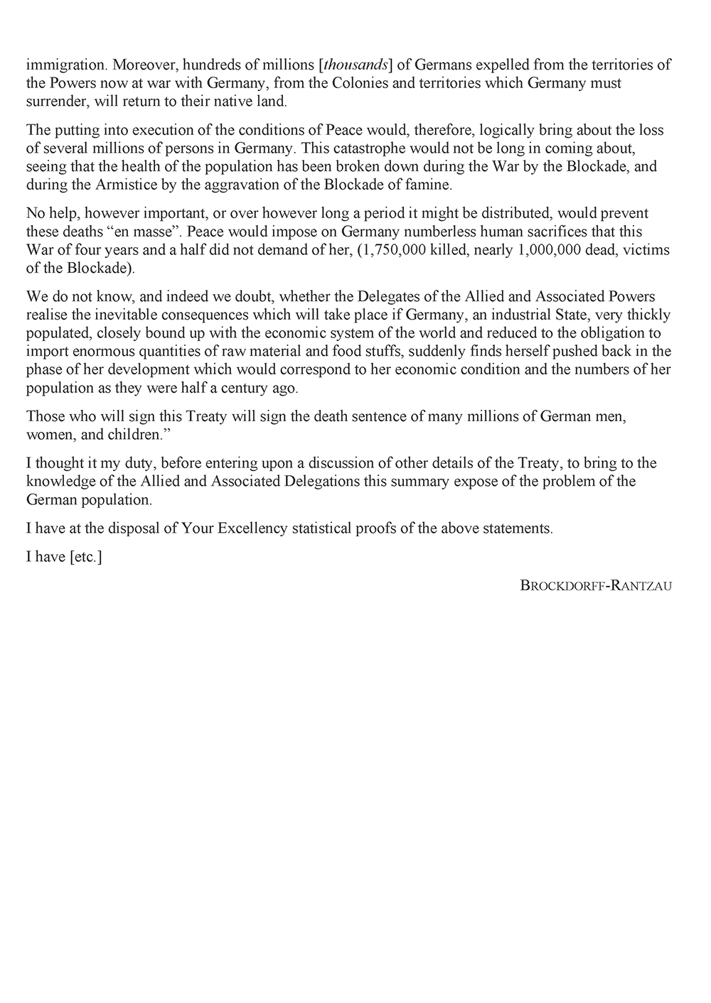 Translation of a communication from Count Brockdorff-Rantzau to the President of the Peace Conference Georges Clemenceau relaying the Report of the German Economic Commission page 2