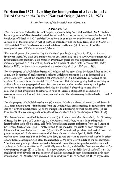 Proclamation 1872—Limiting the Immigration of Aliens Into the United States on the Basis of National Origin thumbnail page 1