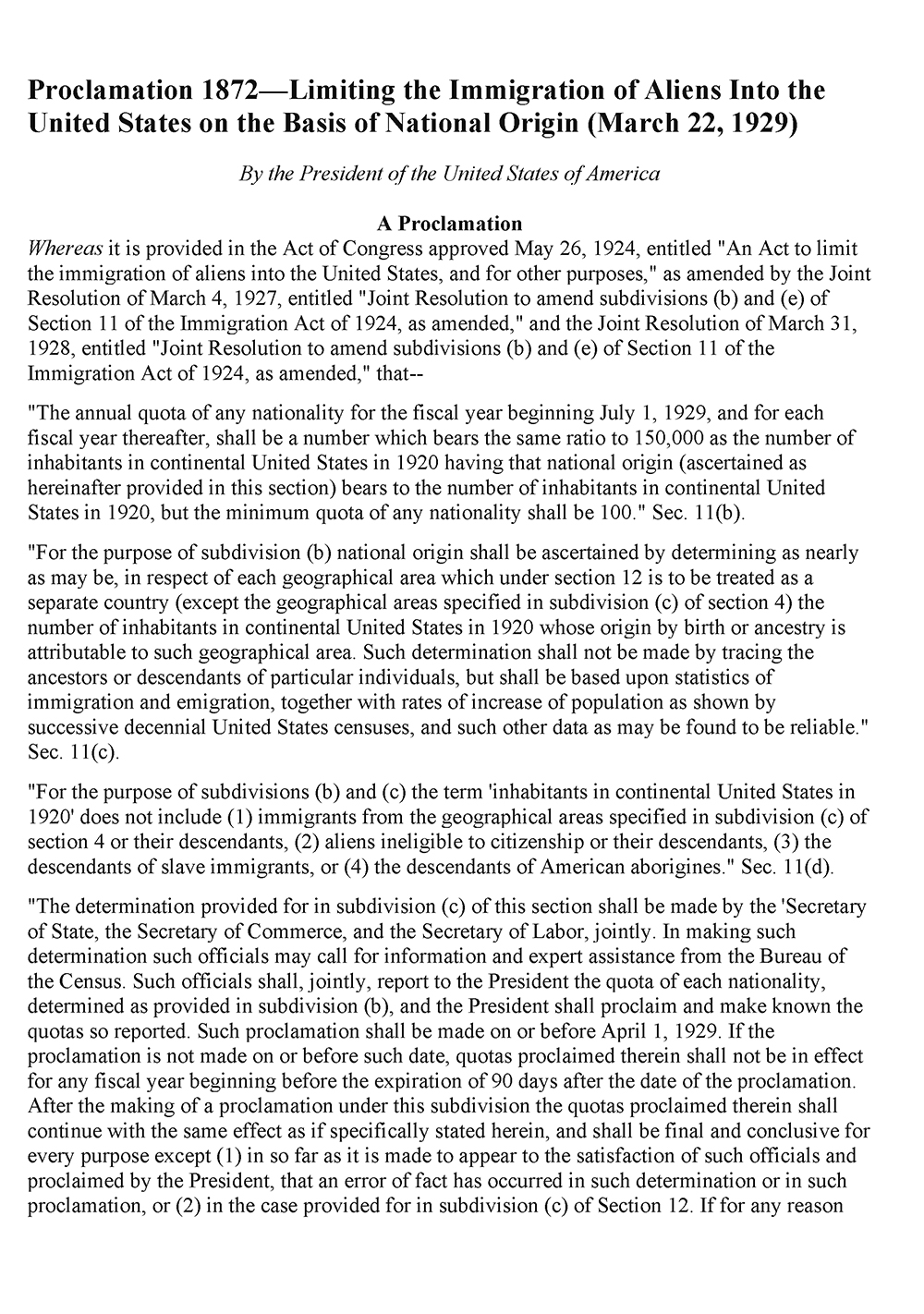 Proclamation 1872—Limiting the Immigration of Aliens Into the United States on the Basis of National Origin page 1