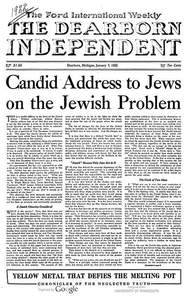 Article from "The Dearborn Independent," January 7, 1922, "Candid Address to Jews on the Jewish Problem" thumbnail page 1