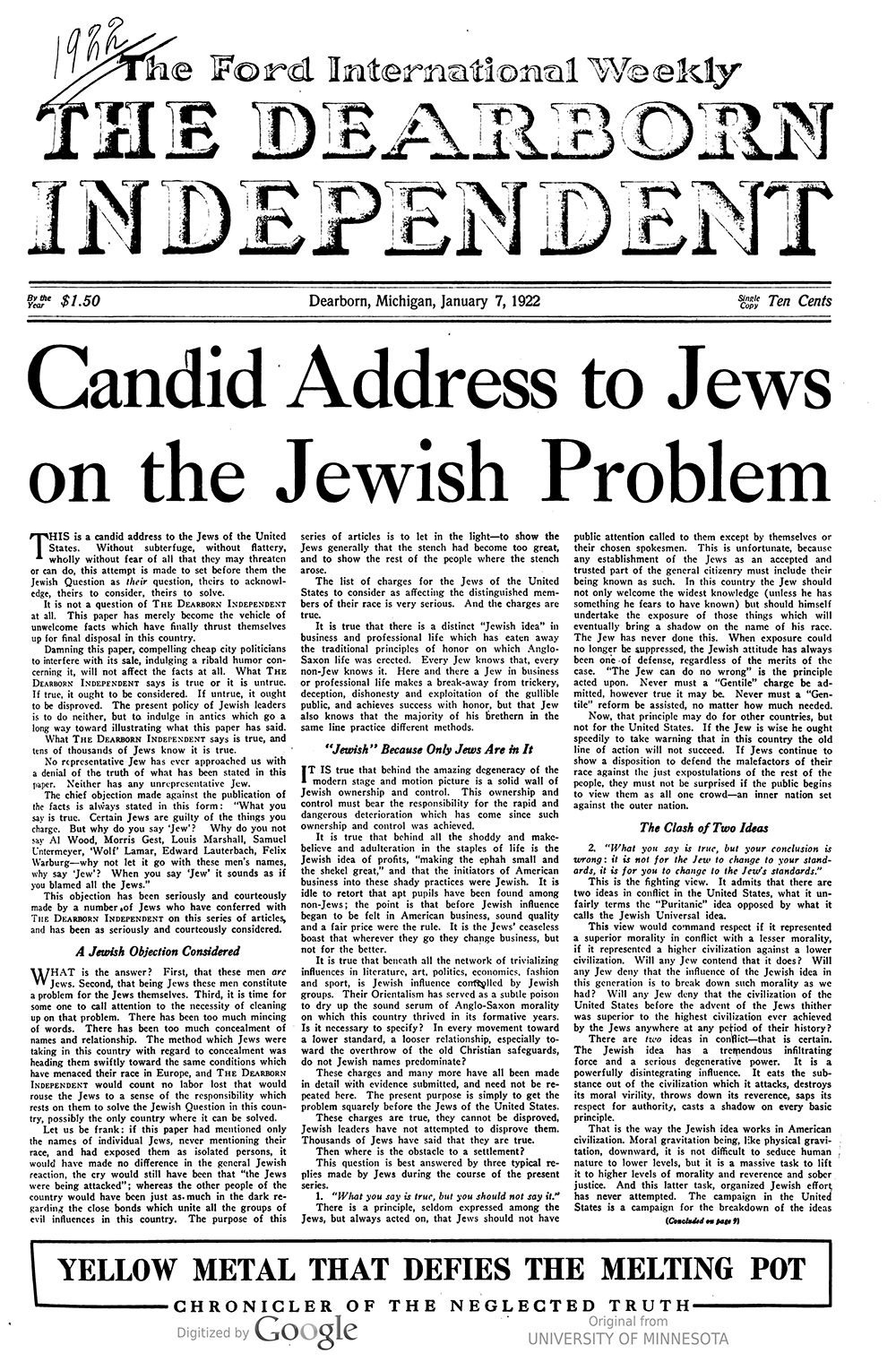 Article from "The Dearborn Independent," January 7, 1922, "Candid Address to Jews on the Jewish Problem" page 1
