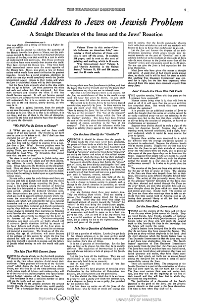 Article from "The Dearborn Independent," January 7, 1922, "Candid Address to Jews on the Jewish Problem" thumbnail page 2