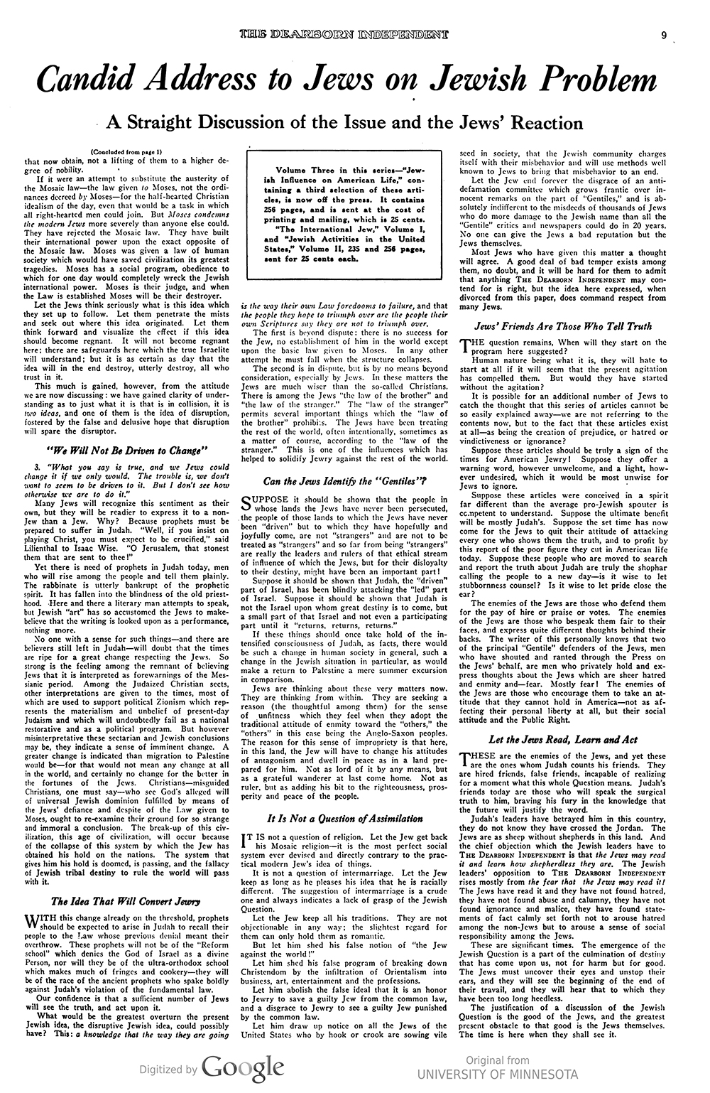 Article from "The Dearborn Independent," January 7, 1922, "Candid Address to Jews on the Jewish Problem" page 2
