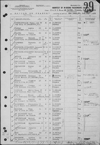 Page from Ship Manifest of SS Île de France thumbnail page 1