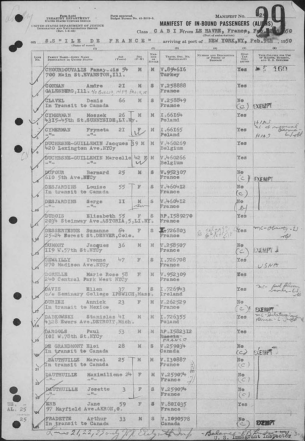 Page from Ship Manifest of SS Île de France page 1