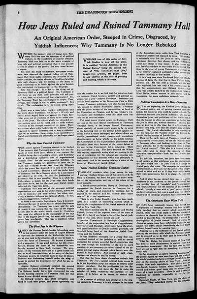 Article from "The Dearborn Independent," September 24 1921, "How Jews Ruled and Ruined Tammany Hall" thumbnail page 1