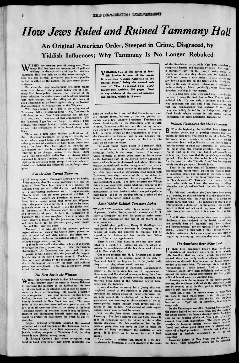 Article from "The Dearborn Independent," September 24 1921, "How Jews Ruled and Ruined Tammany Hall" page 1
