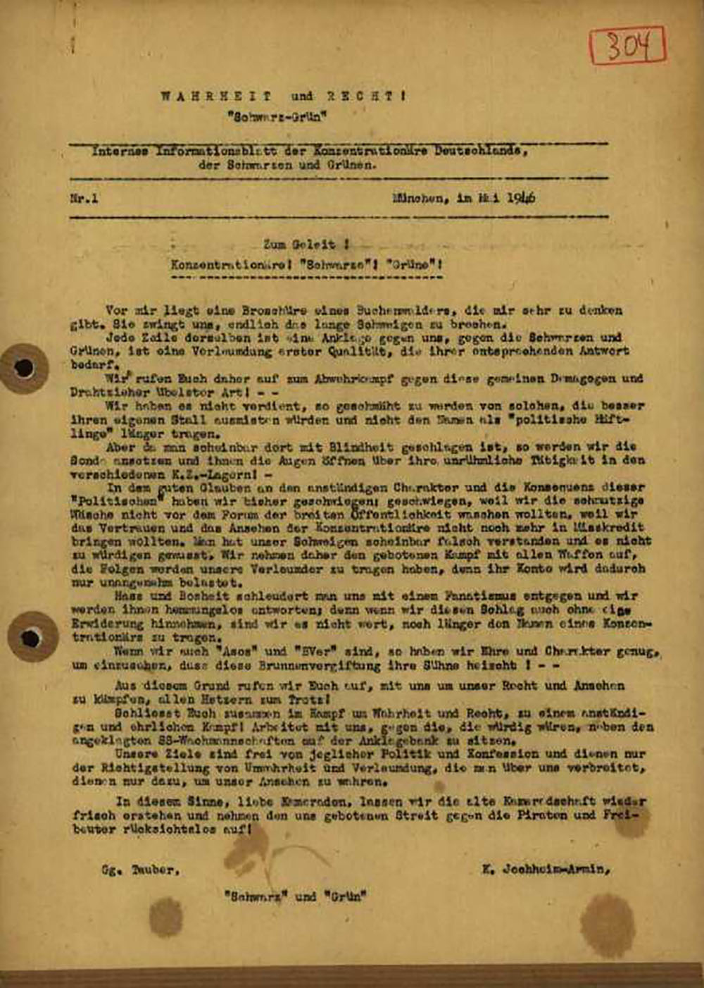 Front page of "Wahrheit und Recht!" [Truth and Justice!] page 1