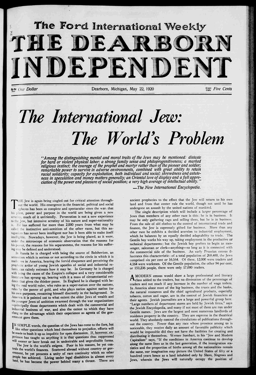 Article from "The Dearborn Independent," May 22 1920, "The International Jew: The World's Problem" page 1