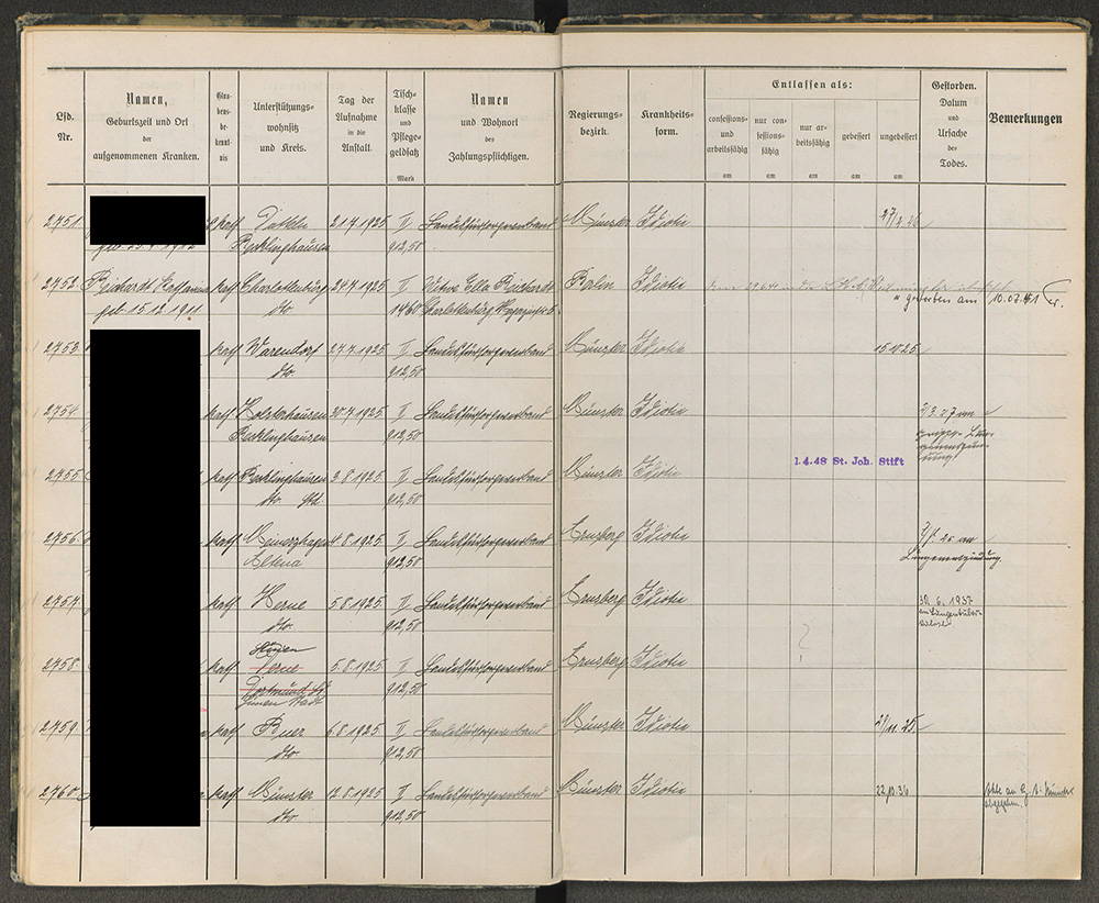 Entry and Exit Book for St. Johannes-Stift, Niedermarsberg page 1