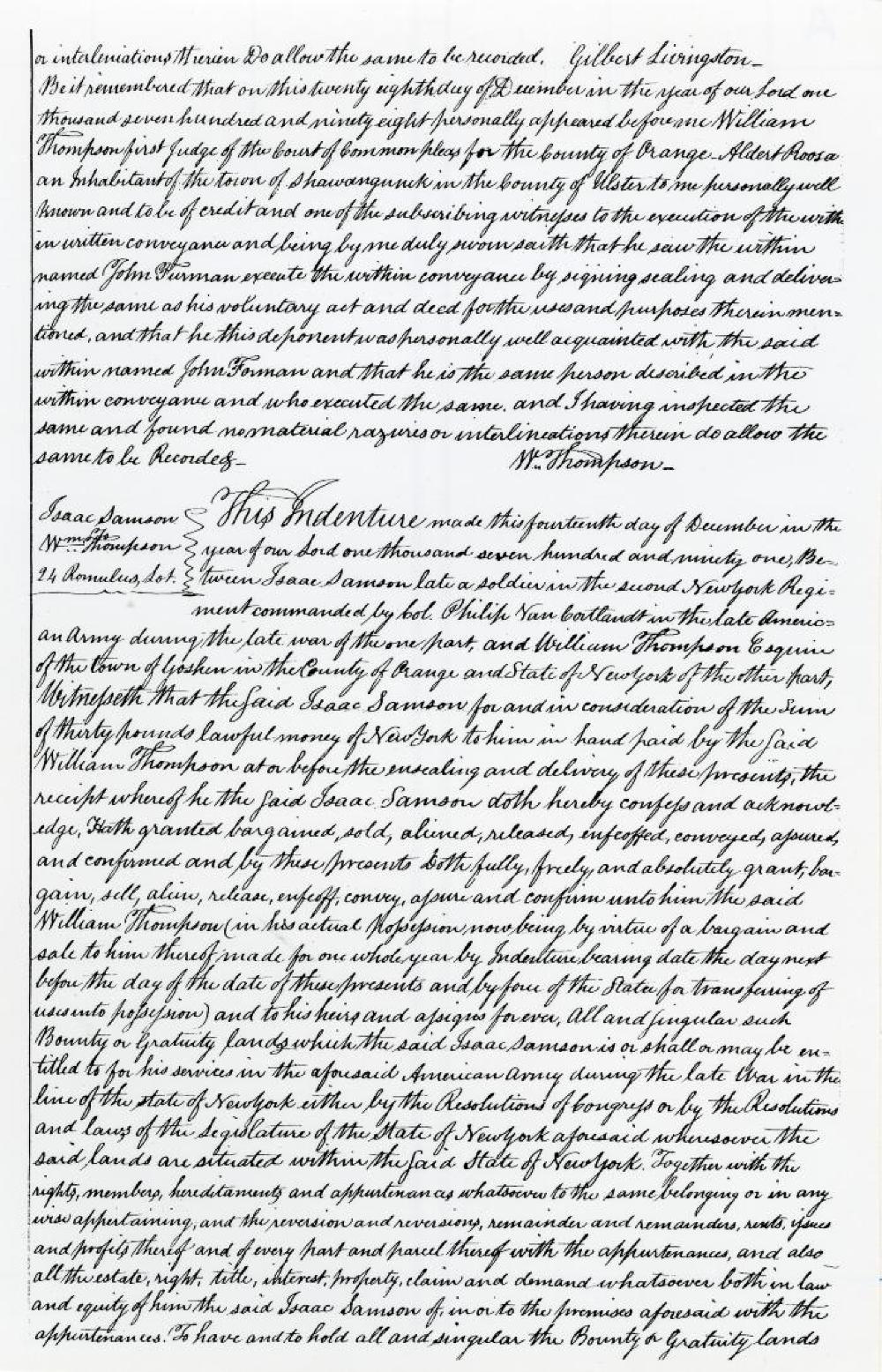 Deeds for Land, Military Tract, Cayuga County, 1791 (Issac Samson and Hanyost Tewahongarahken) page 1