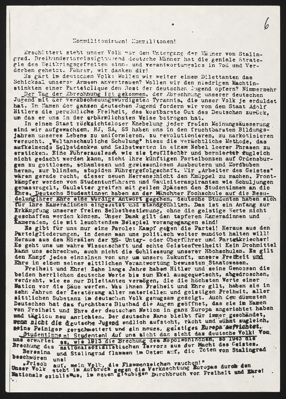 Leaflet 6 of the White Rose - Kommilitonen! Kommilitonen! [Fellow Students! Fellow Students!] page 1