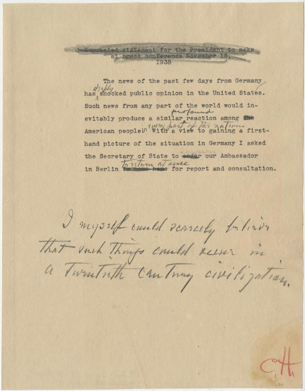 President Roosevelt's Draft Statement on Kristallnacht page 1