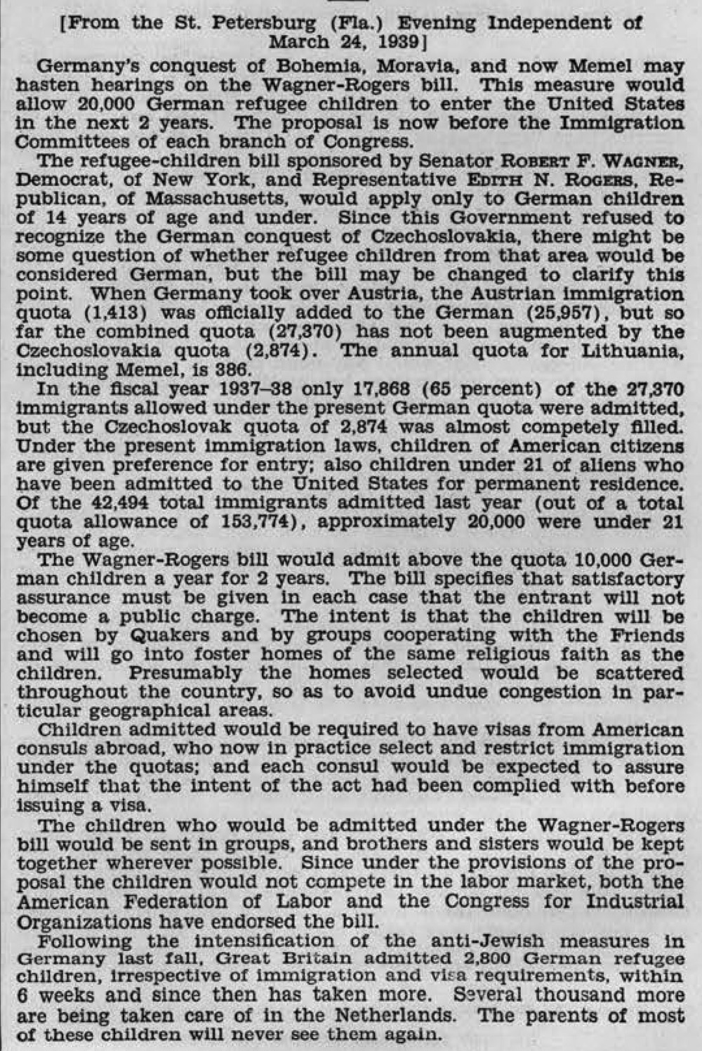 Response to the Wagner-Rogers Bill from "The St. Petersburg Evening Independent" page 1