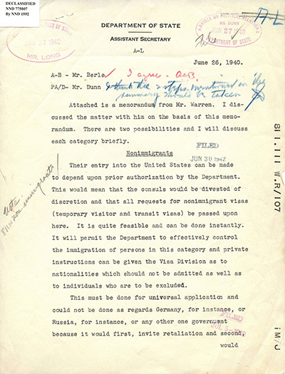 Load Memo from Assistant Secretary of State to State Department Officials on Temporarily Halting Immigration in Main Document Viewer