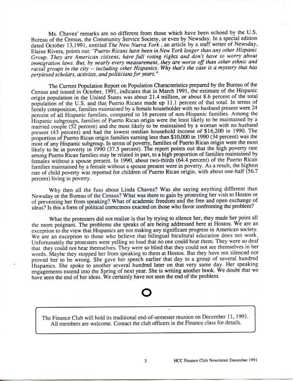 The Finance Club, Hostos Community College Newsletter, "The Talk of the Club" Linda Chavez Visit, 1991 page 2