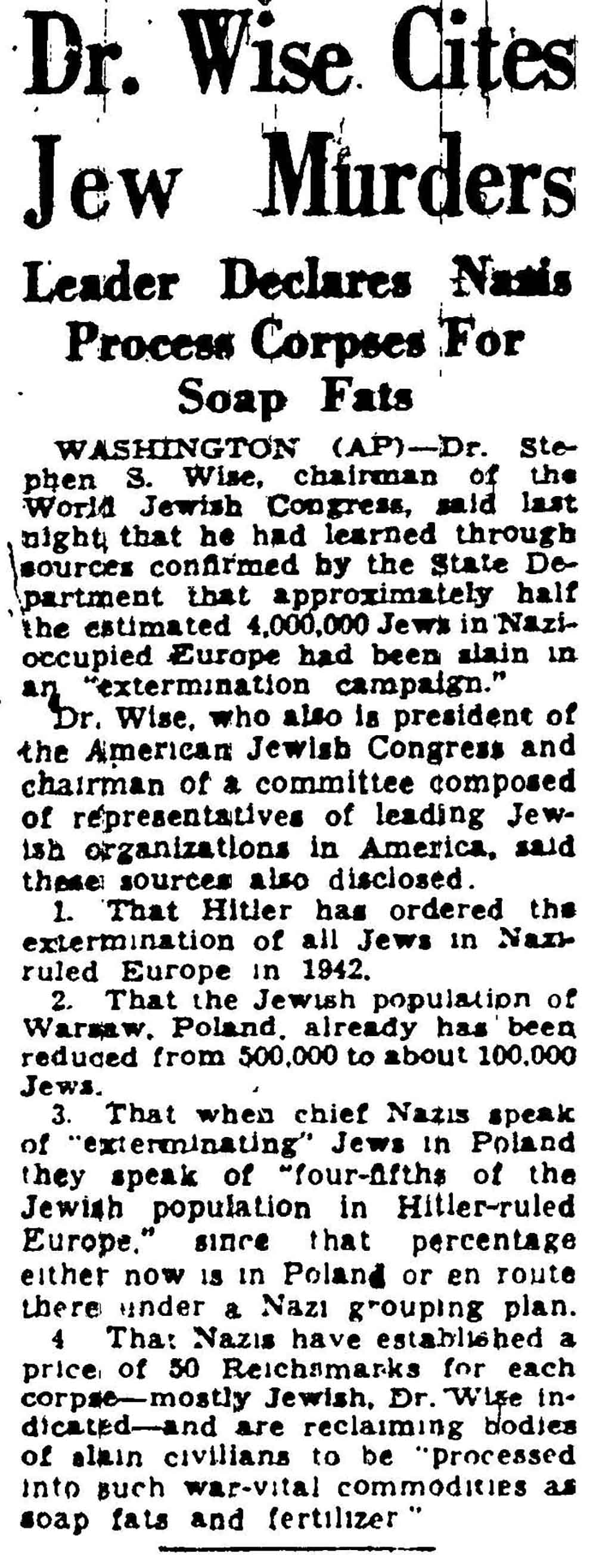 "Dr. Wise Cites Jew Murders" page 1