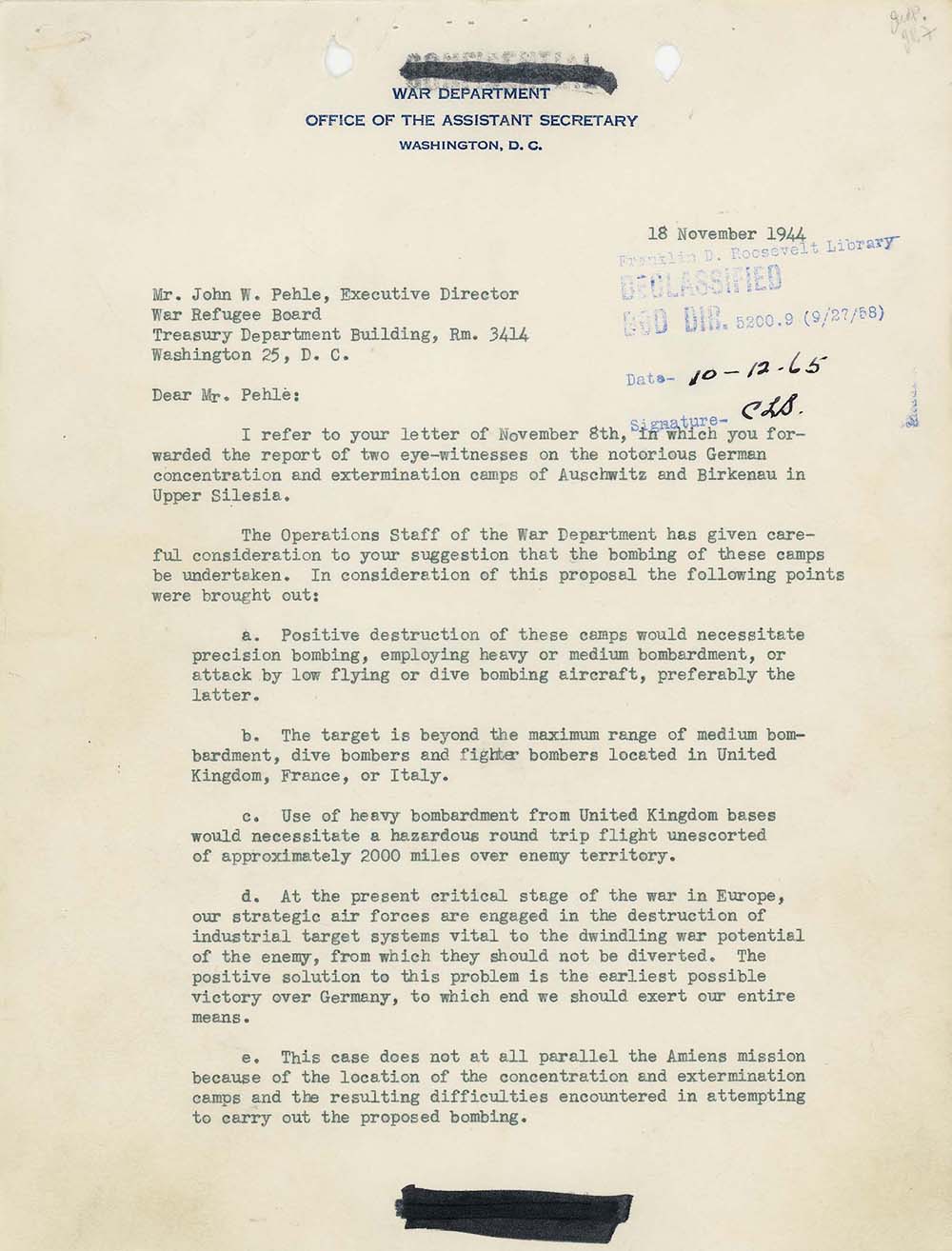 John J. McCloy's letter to John W. Pehle concerning the bombing of Auschwitz page 1