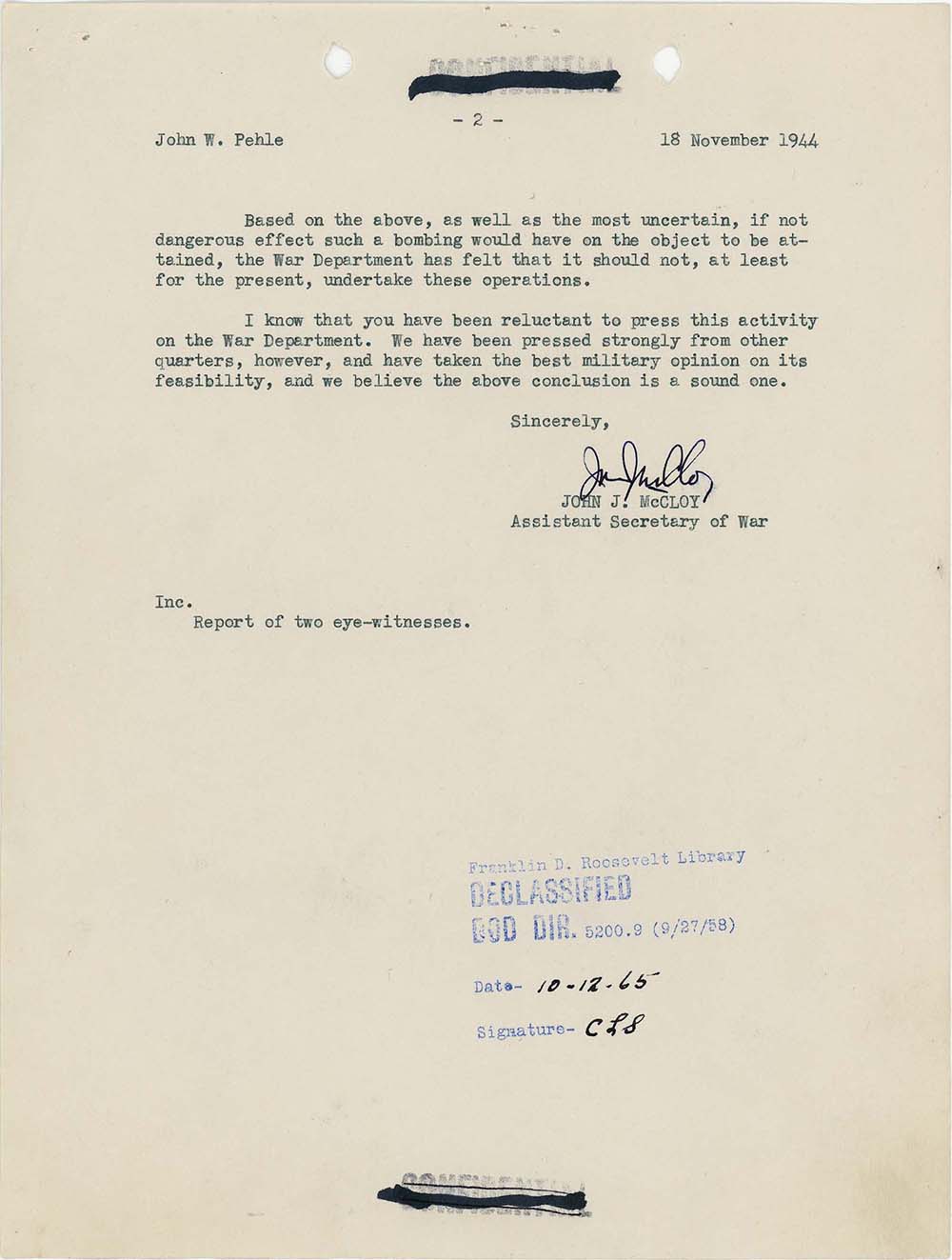 John J. McCloy's letter to John W. Pehle concerning the bombing of Auschwitz page 2
