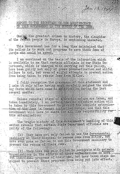 "Report to the Secretary on the Acquiescence of This Government in the Murder of the Jews" thumbnail page 1
