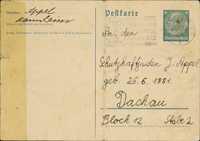 Postcard from the Appel family to Julius Appel in Dachau thumbnail page 1