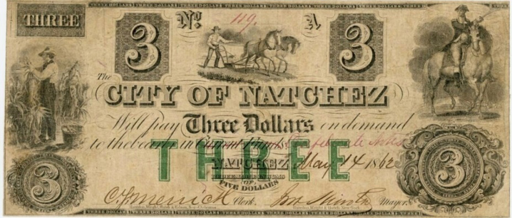 Currency ($3.00) from Natchez, MS by Rawdon, Wright, Hatch & Edson page 1