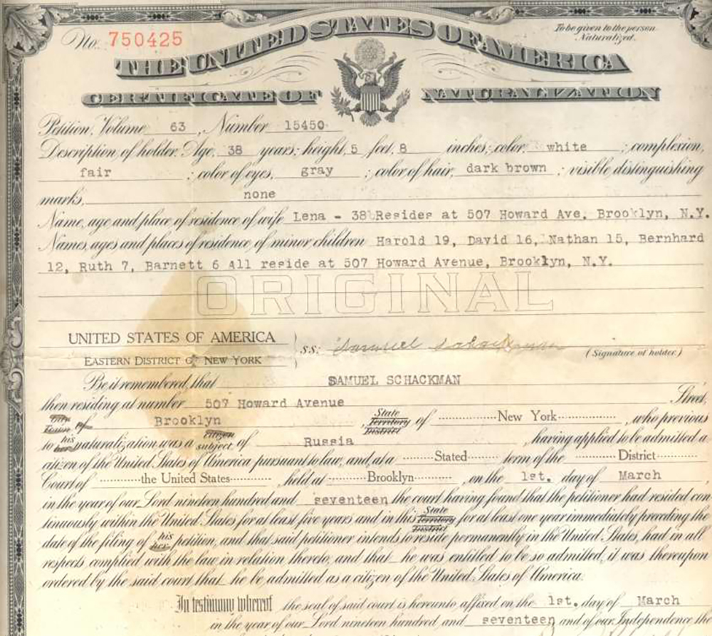 Certificate of naturalization for Russian Jewish immigrant, Samuel Schackman, by US District Court of Brooklyn page 1