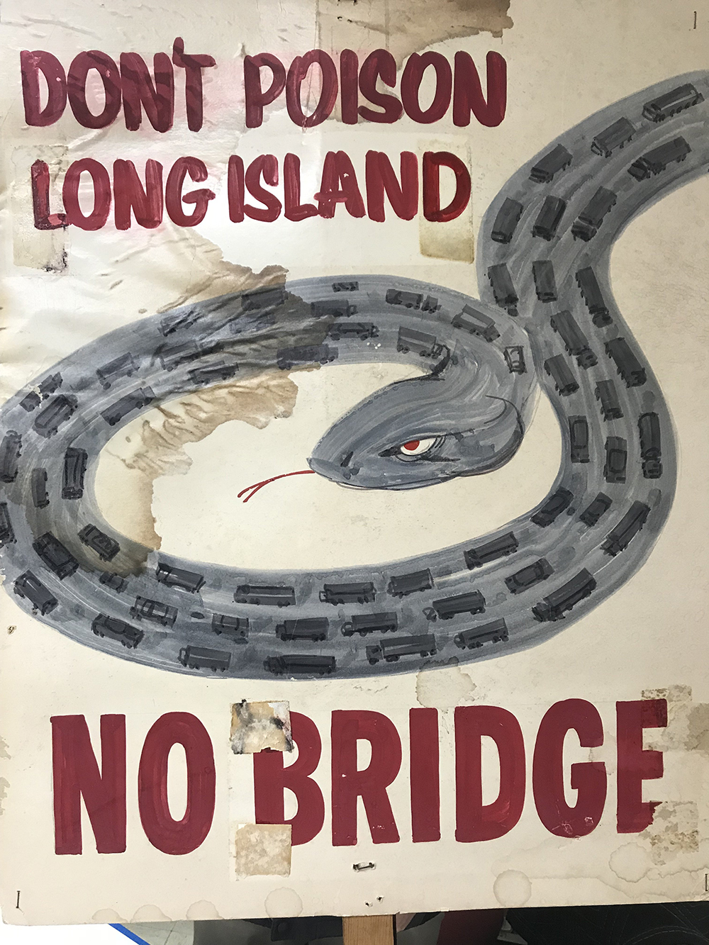 Anti-bridge protest sign, two-sided sign: Don't Poison Long Island No Bridge / We Sink Rocky's Bridge! page 1