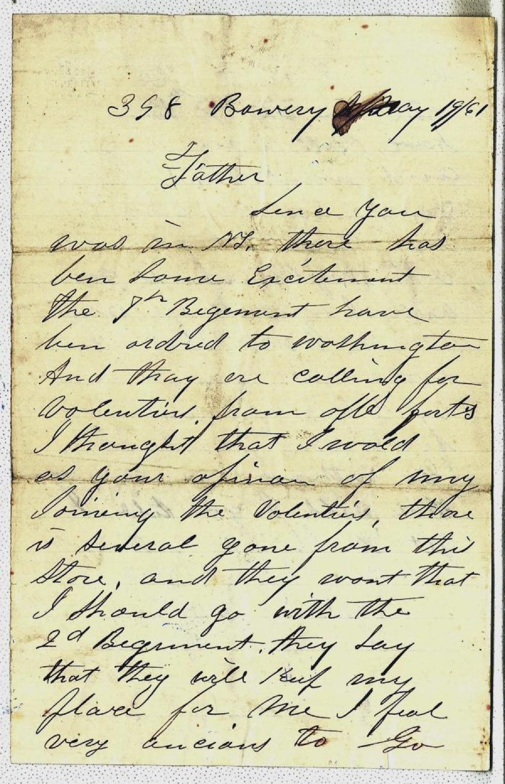 Letter from Archibald Penny to his Father May 19, 1861 page 1