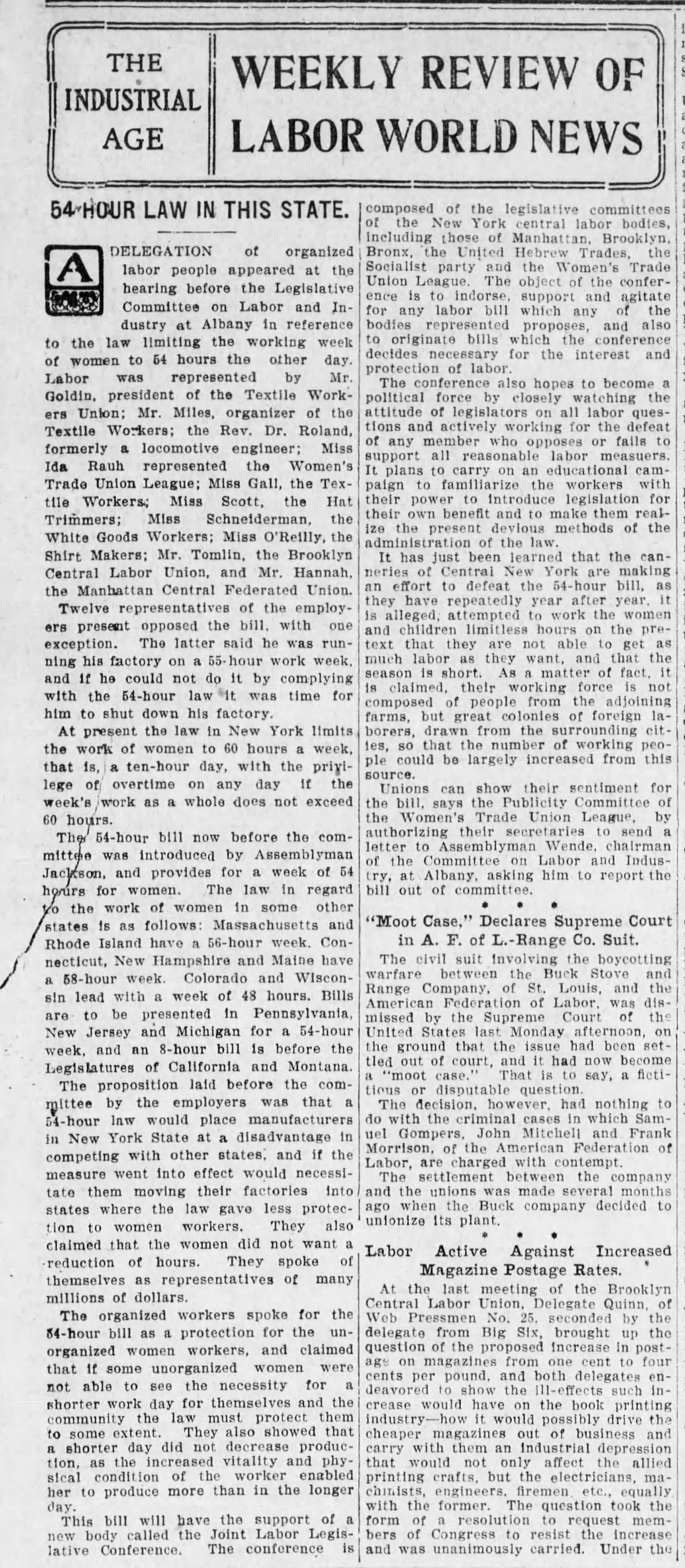 Brooklyn Eagle Article. "54-Hour Law in this State" page 1