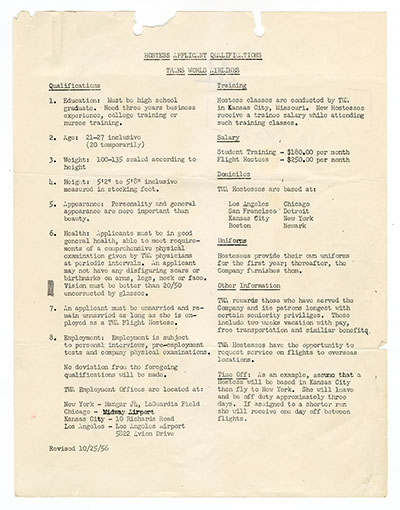 Trans World Airlines Hostess Applicant Qualifications thumbnail page 1