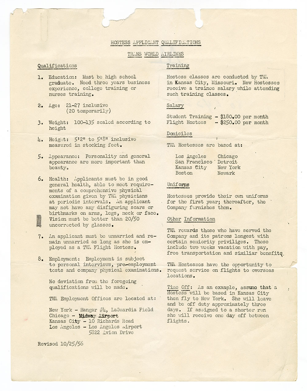 Trans World Airlines Hostess Applicant Qualifications page 1