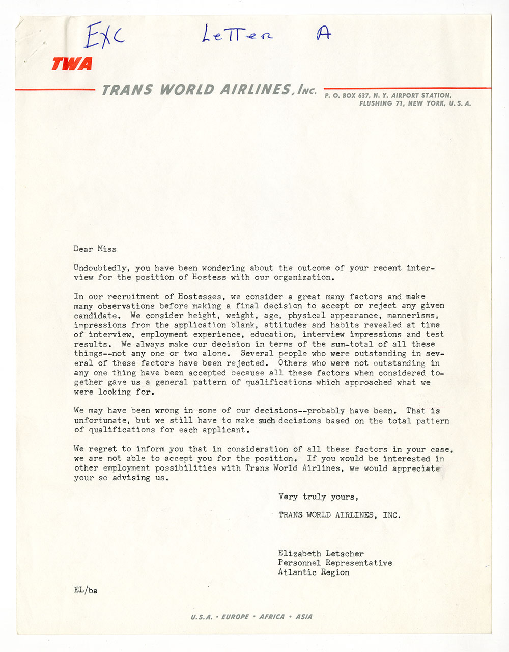 Trans World Airlines rejection letter page 1