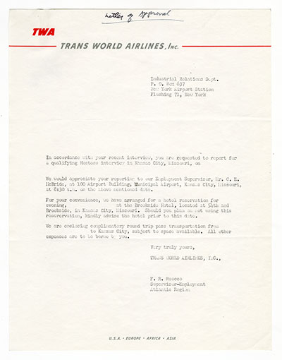 Trans World Airlines Letter of Approval thumbnail page 1