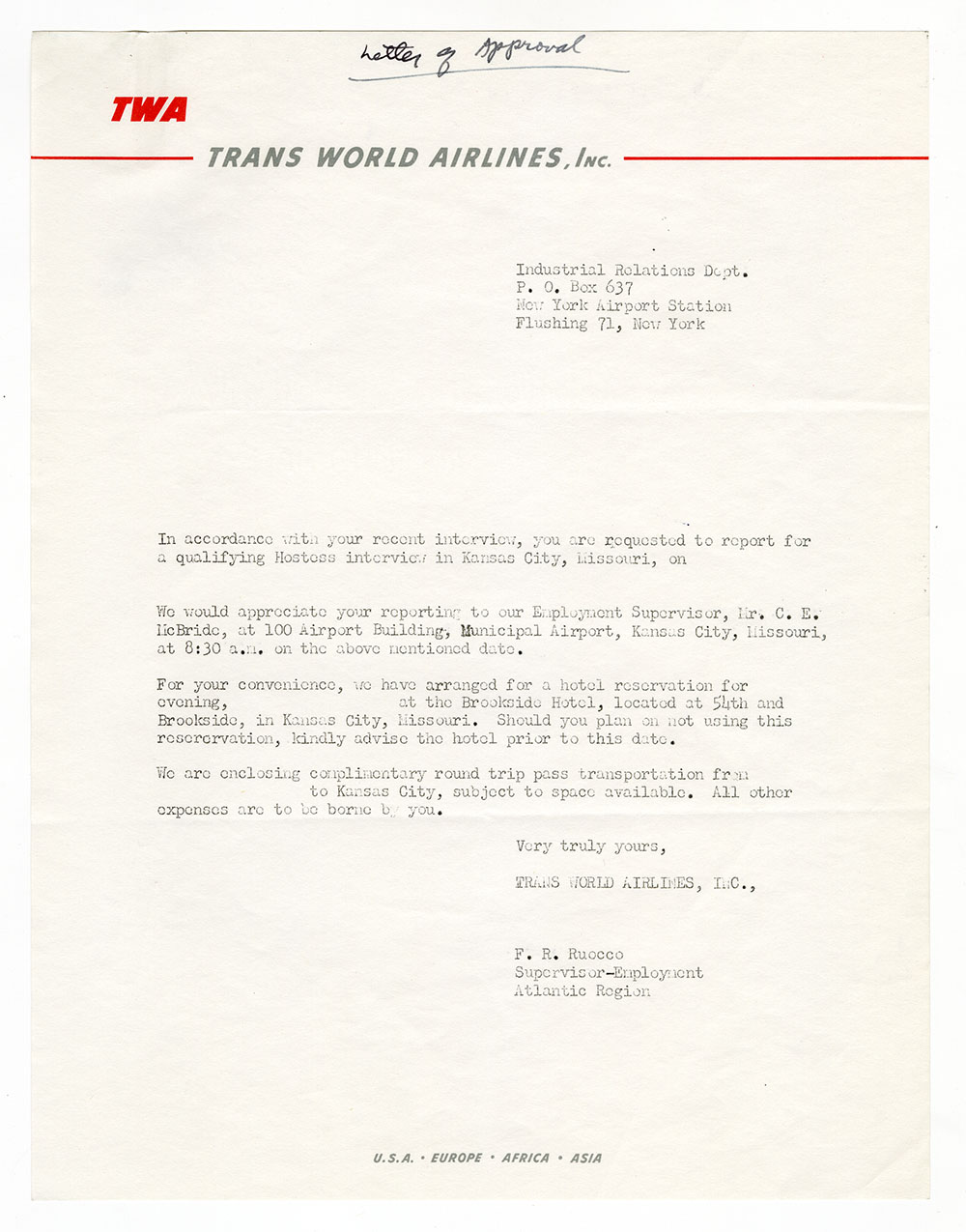 Trans World Airlines Letter of Approval page 1