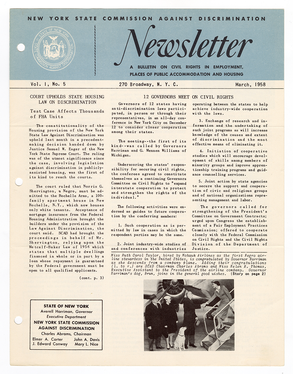 New York State Commission Against Discrimination (SCAD) newsletter, March 1958 page 1