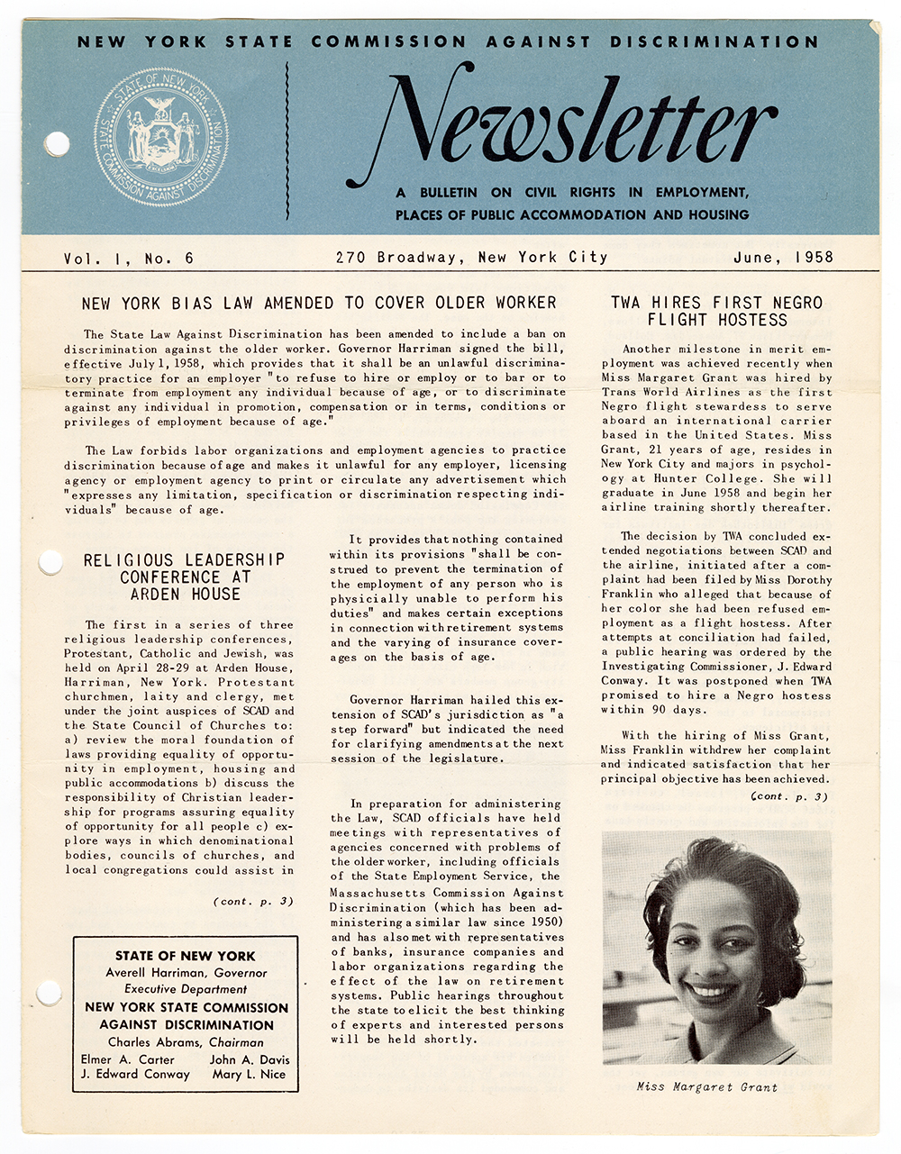 New York State Commission Against Discrimination (SCAD) newsletter, June 1958 page 1
