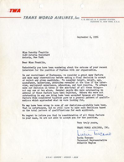 Load Rejection Letter from TWA Personnel Representative Lucia Toscano to Dorothy Franklin, September 6, 1956 in Main Document Viewer