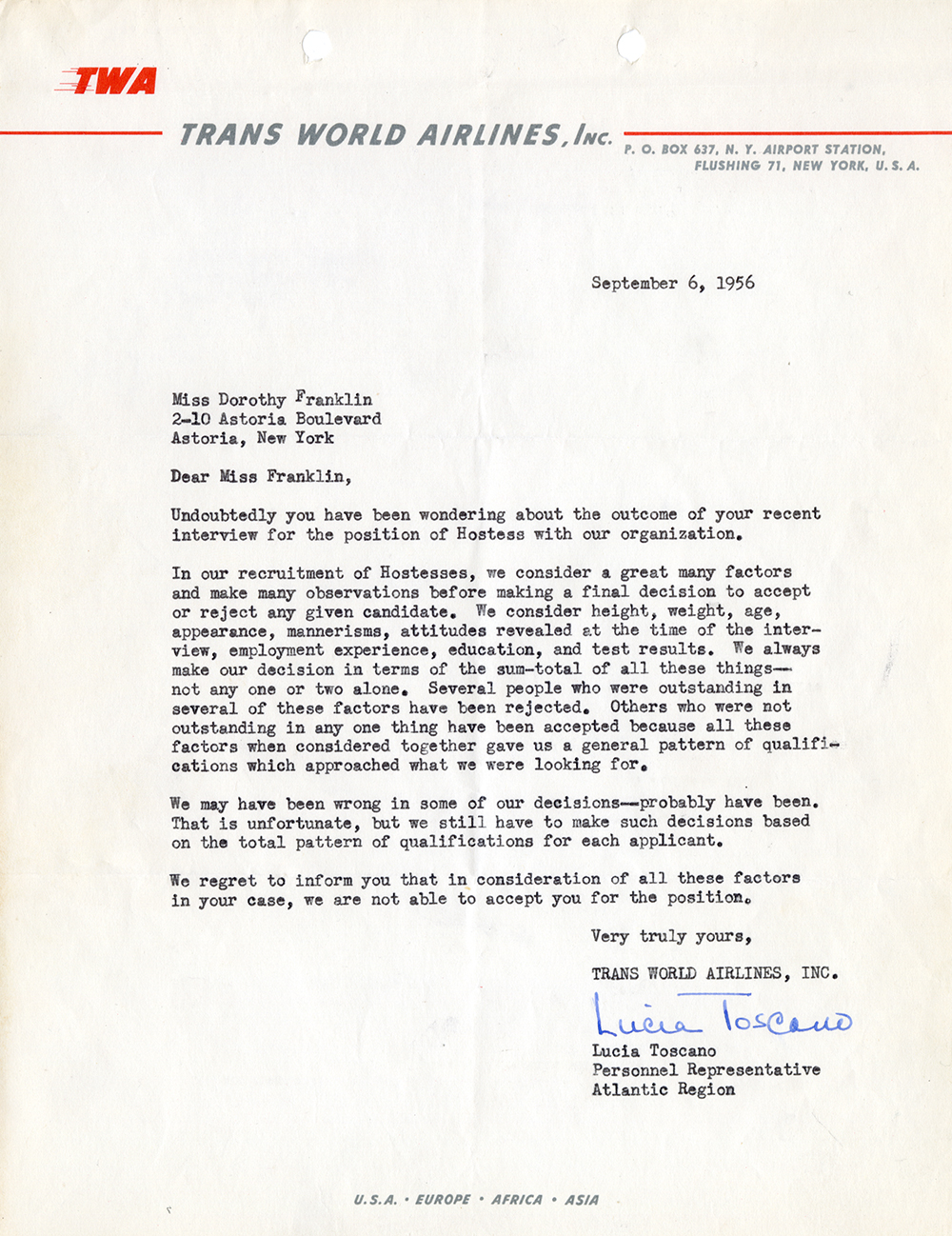 Rejection Letter from TWA Personnel Representative Lucia Toscano to Dorothy Franklin, September 6, 1956 page 1