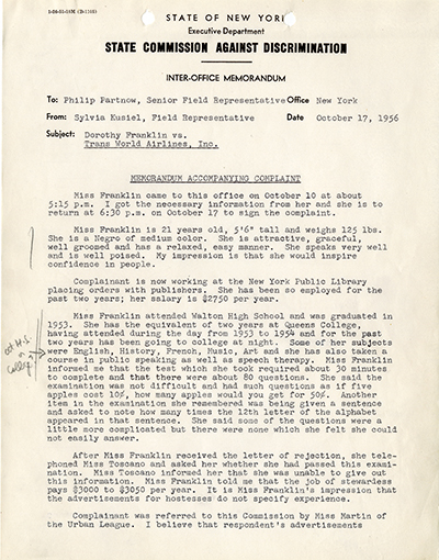 Memorandum Accompanying Dorothy Franklin's SCAD Complaint, October 17, 1956 thumbnail page 1