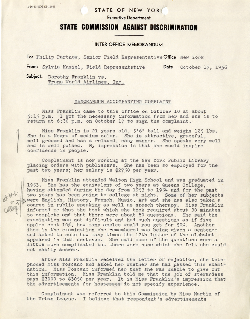 Memorandum Accompanying Dorothy Franklin's SCAD Complaint, October 17, 1956 page 1