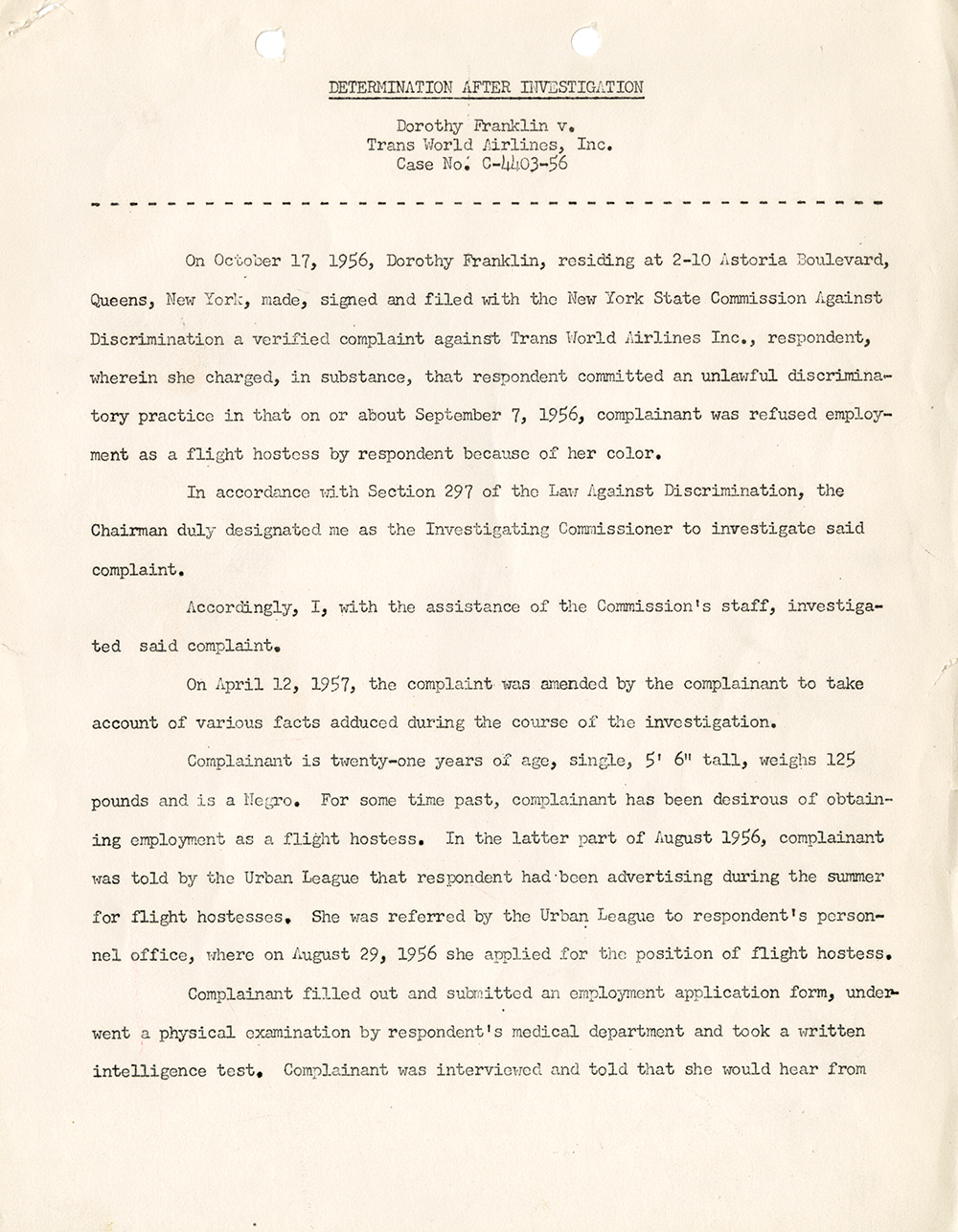 Determination After Investigation for the Dorothy Franklin Case, April 22, 1957 page 1
